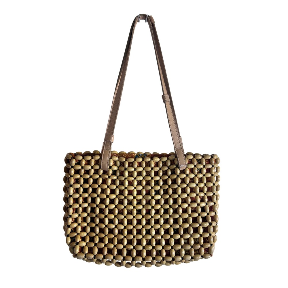 The Sak Wood Bead Tote Bag Medium Tan Batik Lining Boho Shoulder Bag Women